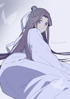 1boy androgynous brown_hair bug butterfly chinese_clothes closed_mouth fduki_maro from_behind gradient_background grey_background grey_eyes hair_bun hair_ribbon half_updo hanfu highres insect light_particles long_hair long_sleeves looking_at_viewer looking_back lying on_side parted_bangs ribbon robe simple_background single_hair_bun sitting smile solo tianguan_cifu twitter_username very_long_hair white_background white_butterfly white_hanfu white_ribbon wide_sleeves xie_lian