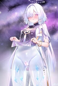 1girl black_dress bracelet breasts cleft_of_venus clothes_lift commentary_request cowboy_shot dress earrings gmkj groin hair_over_one_eye halo highres jacket jewelry large_variant_set lifting_own_clothes long_hair looking_at_viewer mornye_(wuthering_waves) multiple_rings navel no_panties open_mouth paid_reward_available pelvic_curtain pelvic_curtain_lift pussy ring see-through_body small_breasts solo tacet_mark_(wuthering_waves) thick_eyelashes uncensored variant_set very_long_hair white_hair white_halo white_jacket wuthering_waves