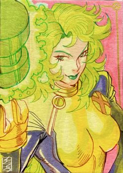 1girl acecore2k black_bodysuit bodysuit breasts commentary english_commentary gloves green_eyes green_hair green_lips highres long_hair looking_to_the_side lorna_dane marker_(medium) marvel medium_breasts multicolored_bodysuit pen_(medium) pink_background polaris_(x-men) sketch traditional_media two-tone_bodysuit upper_body x-men yellow_bodysuit yellow_gloves