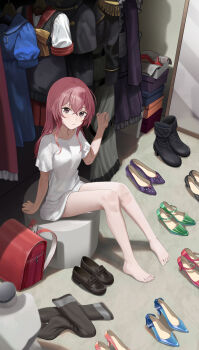 1girl backpack bag bare_legs barefoot black_thighhighs boots box breasts closet clothes_hanger dress from_above full_body hand_up high_heels highres inui_sajuna long_hair looking_at_viewer mannequin mirror no_pants pink_hair purple_eyes randoseru shirt shoes silvertsuki sitting small_breasts solo sono_bisque_doll_wa_koi_wo_suru thighhighs thighs unworn_backpack unworn_bag unworn_dress unworn_shoes unworn_thighhighs white_shirt