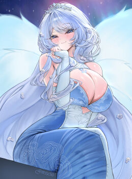 1girl absurdres arm_behind_back arm_support bare_shoulders blue_dress blue_eyes blush bodycon breasts bridal_gauntlets cleavage cleavage_cutout clio_(mssclio) closed_mouth clothing_cutout covered_navel crossed_legs crystara cutout_above_navel dress feathered_wings floral_print flower from_below hair_around_arms hair_around_wrist hair_flower hair_ornament hand_on_own_face hand_rest head_on_arm head_rest highres holding huge_breasts indie_virtual_youtuber jewelry knee_up large_breasts long_dress long_hair looking_at_viewer multicolored_dress simple_background sitting skindentation sleeveless sleeveless_dress smile solo swept_bangs tiara tight_clothes tight_dress very_long_hair virtual_youtuber white_bridal_gauntlets white_dress white_flower white_hair wings