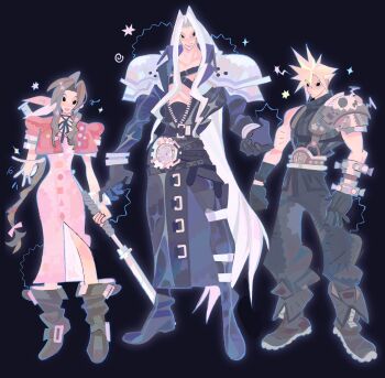 1girl 2boys aerith_gainsborough armor baggy_pants belt belt_buckle black_boots black_bow black_choker black_coat black_gloves black_pantyhose black_ribbon black_shirt blonde_hair boots bow braid braided_ponytail brown_belt brown_boots brown_hair buckle center_opening chest_strap choker closed_mouth cloud_strife coat cropped_jacket dress final_fantasy final_fantasy_vii final_fantasy_vii_remake full_body furrowed_brow gloves grey_hair hair_between_eyes hair_ribbon highres holding holding_staff jacket jaysoysaucee light_frown long_coat long_dress long_hair multiple_boys open_mouth outstretched_hand pants pantyhose parted_bangs pauldrons pink_dress pink_ribbon puffy_short_sleeves puffy_sleeves red_jacket ribbed_shirt ribbon ribbon_choker sephiroth shirt short_hair short_sleeves shoulder_armor sidelocks silver_bangle single_bare_shoulder single_braid single_pauldron sleeveless sleeveless_turtleneck smile sparkle spiked_hair staff standing suspenders turtleneck zipper