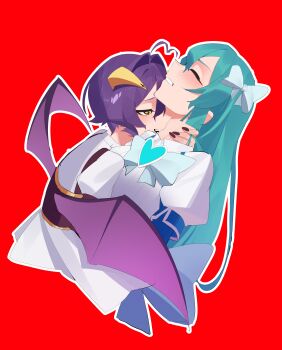 2girls absurdres biting blue_bow blue_hair blush bow closed_mouth hakhpu highres horns long_hair magia_azure magia_baiser magical_girl mahou_shoujo_ni_akogarete multiple_girls nail_polish neck_biting purple_hair red_background shirt short_hair simple_background teeth white_shirt wings yellow_eyes yuri