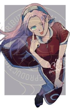 1girl black_shoes blue_hairband border breasts dress from_above full_body furrowed_brow green_eyes grey_background hairband haruno_sakura highres light_blush long_hair looking_at_viewer medium_breasts miwokirihana naruto_(classic) naruto_(series) pants pants_under_dress parted_bangs pelvic_curtain pink_hair red_dress shoes short_sleeves solo tongue tongue_out twitter_username white_border white_pants