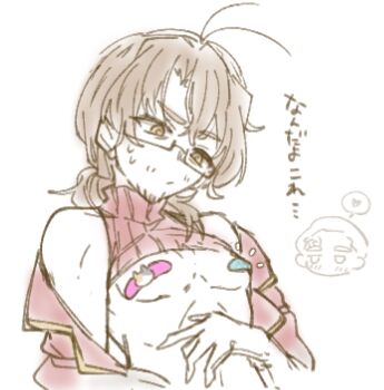 2boys ahoge alternate_costume bandaid bandaids_on_nipples bare_pectorals bare_shoulders beard_stubble black-framed_eyewear black-framed_glasses blush breasts brown_hair chibi chibi_inset closed_mouth clothes_lift collared_jacket covered_erect_nipples elbow_gloves facial_hair facial_tattoo formal_clothes glasses gloves gold_trim grabbing_own_breast gregor_(project_moon) hand_on_own_stomach hat heart jacket lapels lifting_own_clothes lily26983455 limbus_company limited_palette long_hair long_sleeves looking_at_another looking_down looking_to_the_side low_ponytail male_focus meursault_(project_moon) middle_(identity)_(project_moon) multiple_boys notched_lapels notice_lines off-shoulder_jacket off_shoulder official_alternate_costume parted_bangs partially_colored pasties pectorals pirate_costume pirate_hat ponytail project_moon red_jacket red_shirt ribbed_sweater semi-rimless_eyewear shirt short_hair simple_background single_glove sketch sleeveless sleeveless_sweater sleeveless_turtleneck solo_focus speech_bubble spoken_heart stubble sweat sweatdrop sweater sweater_lift tattoo turtleneck turtleneck_sweater twinhook_pirates_(identity)_(project_moon) under-rim_eyewear underpec upper_body white_background yaoi yellow_eyes