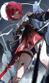 1girl absurdres ahoge artist_name black_bodysuit black_gloves bodysuit breasts clothing_cutout commentary danjin_(wuthering_waves) earrings english_commentary fingerless_gloves folded_braid from_below gloves glowing glowing_eyes hair_intakes hair_ornament highres holding holding_sword holding_weapon hoop_earrings jewelry long_sleeves looking_to_the_side no_mouth outdoors red_eyes red_hair red_tabard ryeon_(naturesan) short_hair shoulder_cutout single_fingerless_glove small_breasts solo sword tabard tacet_mark_(wuthering_waves) thighlet weapon wuthering_waves