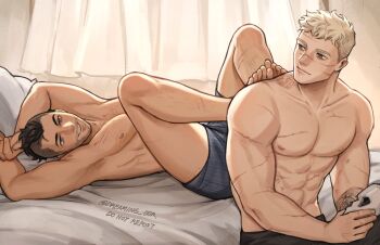 2boys arm_tattoo bara bed black_hair black_male_underwear black_pants blonde_hair call_of_duty call_of_duty:_modern_warfare_2 closed_mouth dreaming_oor ghost_(modern_warfare_2) holding holding_mask indoors large_pectorals looking_at_another lying male_focus male_underwear mask multiple_boys muscular muscular_male on_bed pants pectorals scar scars_all_over short_hair smile soap_(modern_warfare_2) tattoo too_many topless_male twitter_username underwear yaoi