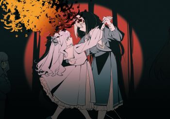 Rule 34 | 2girls, absurdres, bob cut, closed mouth, commentary, dancing, dress, emma grace rosenthal, half updo, highres, holding hands, ingoagame, inverted bob, jougasaki suzuran, long hair, long sleeves, medium hair, multiple girls, muted color, spotlight, tayutau koi no chirigiwa ni, untranslatable commentary