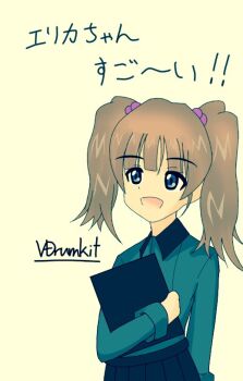 Rule 34 | 1girl, black hat, black jacket, black skirt, blue eyes, brown hair, garrison cap, girls und panzer, girls und panzer phase erika, grey shirt, hair tie, hat, jacket, kuromorimine military uniform, kuromorimine school uniform, long hair, marikore (vdrumkit), miniskirt, orange hair, red skirt, rou leila, school uniform, shirt, skirt, twintails