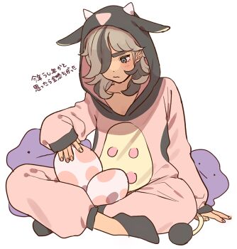 1boy arm_support arven_(pokemon) blush brown_hair closed_mouth commentary cosplay ditto egg gen_1_pokemon gen_2_pokemon green_eyes hair_over_one_eye holding holding_egg hood hood_up long_hair long_sleeves male_focus miltank miltank_(cosplay) nintendo peeking_out pokemon pokemon_(creature) pokemon_egg pokemon_sv shoes simple_background sitting sleeves_past_wrists symbol-only_commentary translation_request white_background yamadi_(tokozure19)