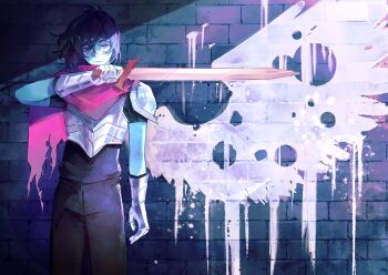 angel_with_a_shotgun armor blue_skin brick_wall bullet_hole cape colored_skin deltarune drawn_wings fake_wings graffiti highres holding holding_sword holding_weapon kris_(dark_world)_(deltarune) kris_(deltarune) paint paint_splatter single_wing spray_paint sword tuofu utdr_(toby_fox) weapon wings