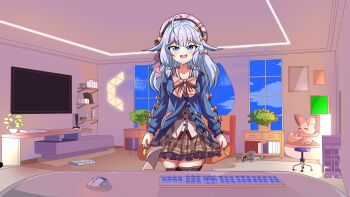 1girl bed blue_eyes blue_hair bow chair charlotte_suzu commission computer_keyboard computer_mouse controller cupboard dress game_console game_controller hair_bow hair_ribbon hat highres indie_virtual_youtuber indoors knee_up knees_up lamp looking_at_viewer night night_sky open_mouth plant potted_plant ribbon screen skirt sky solo standing stuffed_toy thighhighs thighs virtual_youtuber window
