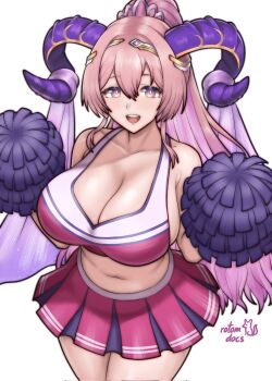 1girl :d alternate_costume artist_name bare_shoulders breasts cheerleader cleavage collarbone commentary corrupted_twitter_file crop_top english_commentary fire_emblem fire_emblem_heroes goat_horns hair_between_eyes highres horns huge_breasts long_hair looking_at_viewer mature_female nerthuz_(fire_emblem) nintendo open_mouth pink_hair pleated_skirt pom_pom_(cheerleading) ponytail purple_eyes rotomdocs sideboob skirt smile solo thick_thighs thighs very_long_hair white_background