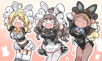 &gt;_&lt; 3girls ^_^ absurdres ahoge animal_ear_hairband animal_ears arms_up black_garter_straps black_gloves black_pantyhose blonde_hair blush_stickers breasts brown_hair caramelldansen closed_eyes commentary_request dancing dated_commentary fake_animal_ears feet_out_of_frame fishnet_pantyhose fishnets fur-trimmed_thighhighs fur_trim garter_straps gloves gradient_hair hachimiya_meguru hairband highres idolmaster idolmaster_shiny_colors izumi_mei large_breasts multicolored_hair multiple_girls outline pantyhose rabbit_background rabbit_ear_hairband rabbit_ears rabbit_pose smile thighhighs tsukioka_kogane white_gloves white_outline white_pantyhose wrist_cuffs yume_wa_hoikuenji