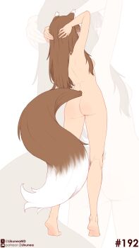 1girl absurdres animal_ears arms_behind_head back back_focus breasts brown_hair commentary completely_nude english_commentary from_behind highres holo likunea long_hair nude patreon_logo patreon_username sideboob simple_background solo spice_and_wolf standing tail twitter_username twitter_x_logo white_background wolf_ears wolf_girl wolf_tail zoom_layer