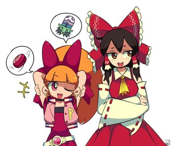 1boy 2girls arms_behind_head artist_logo ascot bare_shoulders belt blossom_(ppg) bow brown_eyes brown_hair color_connection colored_skin commentary cropped_jacket crossover detached_sleeves dushiido earrings english_commentary frilled_bow frilled_hair_tubes frills green_skin hair_bow hair_tubes hakurei_reimu highres jacket jewelry logo mojo_jojo monkey multiple_girls nontraditional_miko one_eye_closed open_clothes open_jacket open_mouth pink_eyes powerpuff_girls red_bow red_hair red_skirt ribbon-trimmed_sleeves ribbon_trim simple_background skirt speech_bubble tongue tongue_out touhou white_background x_x yellow_ascot yo-yo