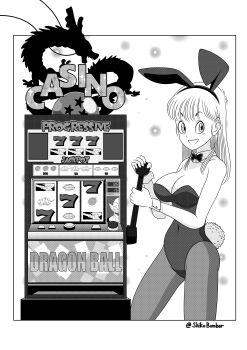 1girl alternate_costume animal_ears ass bare_shoulders breasts bulma cleavage curvy dragon_ball dragon_ball_(classic) english_text fake_animal_ears fake_tail highleg highleg_leotard highres leotard long_hair looking_at_another looking_at_viewer monochrome official_alternate_costume open_mouth pantyhose photo_(object) piccolo_daimaou playboy_bunny rabbit_ears rabbit_tail shikobomber slot_machine solo son_goku strapless strapless_leotard tail wide_hips