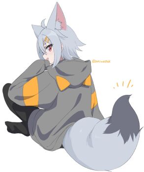 Rule 34 | 1girl, ahoge, animal ear fluff, animal ear hood, animal ears, black pantyhose, commentary, copyright notice, extra ears, fake animal ears, fox ears, fox girl, fox tail, from behind, full body, grey hair, grey hoodie, highres, hood, hood down, hoodie, indian style, looking at viewer, looking back, minowa sukyaru, miwa kitsune-chan, open mouth, original, pantyhose, red eyes, short hair, sidelocks, simple background, sitting, sleeves past fingers, sleeves past wrists, smile, solo, tail, twitter username, untranslatable commentary, white background