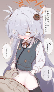 1boy 1girl black_pantyhose blue_archive blush brown_ribbon clothes_lift clothes_pull collared_shirt commentary_request dress dress_lift flat_chest grey_dress grey_hair hair_over_one_eye halo hetero highres kanoe_(blue_archive) lifting_own_clothes long_hair long_sleeves navel neck_ribbon niss_oekaki nose_blush open_mouth orange_eyes orange_halo panties panty_pull pantyhose pantyhose_pull puffy_long_sleeves puffy_sleeves ribbon rolling_eyes sex shirt speech_bubble stethoscope translation_request two_side_up underwear very_long_hair white_panties white_shirt