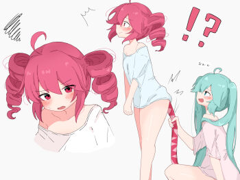 !? 2girls :d ^^^ absurdres ahoge blush commentary drill_hair english_commentary green_eyes green_hair hair_between_eyes hatsune_miku highres implied_object_insertion kasane_teto long_hair michishi_reube multiple_girls no_pants open_mouth oversized_clothes oversized_shirt red_eyes red_hair shirt simple_background smile squiggle tail_pull twin_drills twintails utau vocaloid wavy_mouth white_background white_shirt