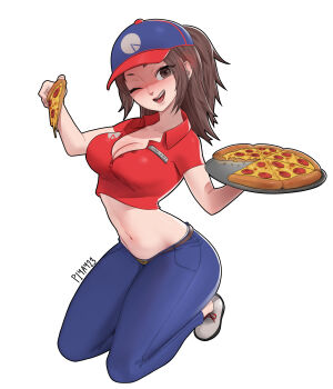 Rule 34 | 1girl, ;), absurdres, artist name, baseball cap, belt, blue hat, blue pants, breasts, brown belt, brown eyes, character name, cheese, cheese trail, commentary, employee uniform, english commentary, food, hat, highres, holding, holding food, holding pizza, holding tray, large breasts, long hair, name tag, navel, one eye closed, original, pants, papa's gameria, pepperoni, pepperoni pizza, piyay23, pizza, red shirt, shirt, simple background, smile, solo, stomach, tray, white background