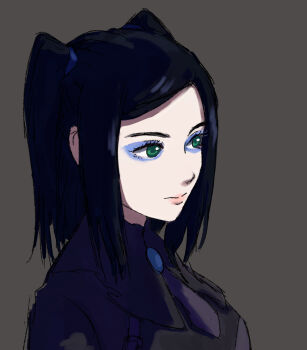 1girl aqua_eyes black_hair blue_eyeshadow closed_mouth commentary english_commentary ergo_proxy eyelashes eyeshadow grey_background highres makeup medium_hair necktie pink_lips purple_necktie re-l_mayer short_necktie simple_background solo two_side_up upper_body zawabug