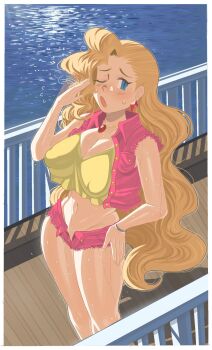 Rule 34 | 1girl, blonde hair, blue eyes, blush, bracelet, breasts, chzzei, cleavage, collarbone, collared jacket, commentary, covered erect nipples, cropped jacket, denim, denim jacket, earrings, english commentary, hand on own hip, highres, jacket, jewelry, large breasts, long hair, looking at viewer, micro shorts, navel, necklace, one eye closed, open clothes, open jacket, open mouth, outdoors, pink jacket, pink shorts, railing, shorts, sleeveless, sleeveless jacket, solo, swan white, sweat, very long hair, yuusha ou gaogaigar, yuusha series