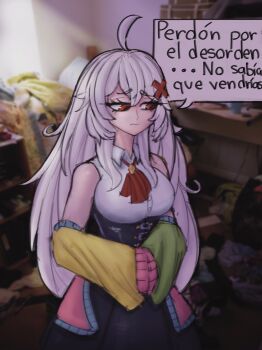 1girl antenna_hair bare_shoulders black_skirt blue_jacket breasts closed_mouth cowboy_shot embarrassed erispheria eyelashes female_focus green_jacket high-waist_skirt indie_virtual_youtuber jacket jacket_partially_removed large_breasts long_hair looking_afar looking_to_the_side multicolored_jacket neck_ribbon own_hands_together photo_background pink_jacket pov red_eyes red_ribbon ribbon sad shirt skirt skriowo sleeveless sleeveless_shirt solo spanish_text speech_bubble standing translation_request virtual_youtuber white_hair white_shirt yellow_jacket