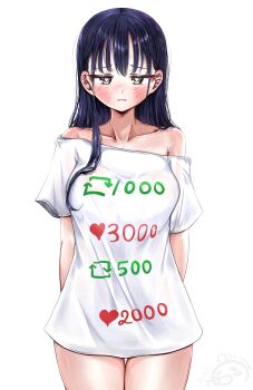 1girl ao_tanuki arms_behind_back bare_shoulders black_hair blush boku_no_kokoro_no_yabai_yatsu brown_eyes collarbone commentary cowboy_shot highres long_hair looking_at_viewer mole mole_on_neck multiple_drawing_challenge multiple_moles oversized_clothes oversized_shirt parted_lips print_shirt shirt simple_background solo symbol-only_commentary thighs twitter_cutting_game white_background white_shirt yamada_anna