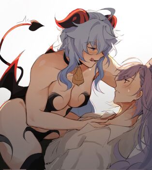 Rule 34 | 2girls, :q, blue hair, blush, breasts, commentary, demon tail, demon wings, ganyu (genshin impact), genshin impact, highres, horns, keqing (genshin impact), large breasts, lower teeth only, multiple girls, parted lips, purple hair, symbol-only commentary, tail, tapeanna, teeth, tongue, tongue out, wings, yuri