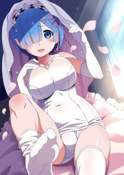 1girl blue_eyes blue_hair blush breasts elbow_gloves gesugesu_ahoaho gloves hair_ornament hair_over_one_eye hair_ribbon highres looking_at_viewer old_school_swimsuit one-piece_swimsuit open_mouth pink_ribbon re:zero_kara_hajimeru_isekai_seikatsu rem_(re:zero) ribbon school_swimsuit short_hair smile solo swimsuit thighhighs white_one-piece_swimsuit white_thighhighs x_hair_ornament