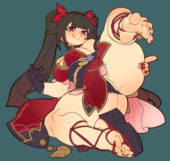 1girl barefoot black_gloves blush breasts cameltoe closed_mouth commentary dress english_commentary eyebrows_hidden_by_hair feet full_body gloves green_background hand_on_own_thigh highres honkai:_star_rail honkai_(series) large_breasts leg_up licking_lips long_hair looking_at_viewer mole mole_under_each_eye mole_under_eye multiple_moles nail_polish nezo okobo platform_sandals red_dress red_eyes sandals shoes simple_background single_shoe sitting smile solo sparkle_(honkai:_star_rail) spread_legs strapless strapless_dress toenail_polish toenails tongue tongue_out twintails very_long_hair