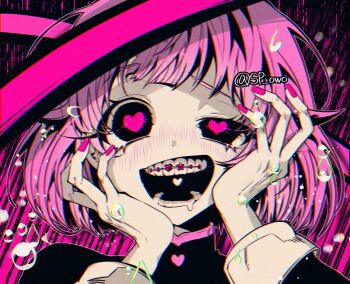 1girl braces crazy_eyes halloween_(owo) highres ootori_emu pink_hair project_sekai saliva short_hair smile tagme