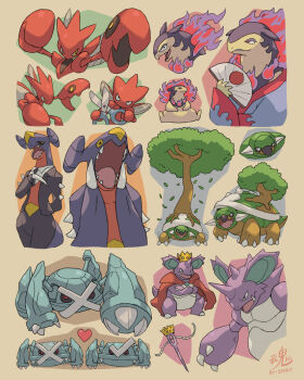 black_sclera brown_background cape claws clothed_pokemon colored_sclera commentary crossed_arms crown english_commentary fangs fire folding_fan formal_clothes garchomp gen_1_pokemon gen_2_pokemon gen_3_pokemon gen_4_pokemon hand_fan heart hisuian_typhlosion holding holding_fan holding_scissors insect_wings metagross nidoking nintendo no_humans pokemon pokemon_(creature) purple_fire red_cape red_eyes ry-spirit scissors scizor sharp_teeth simple_background sitting skin_fangs standing suit tail teeth torterra wings yellow_eyes