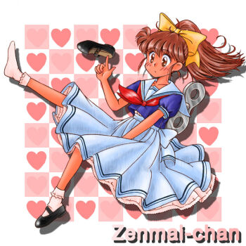 1girl artist_collaboration back_bow bad_id between_legs black_shoes blue_shirt bow brown_eyes brown_hair character_name closed_mouth full_body hair_bow hand_between_legs heart holding holding_shoes holding_unworn_clothes layered_skirt medium_hair minakami_marin neckerchief original ponytail puffy_short_sleeves puffy_sleeves red_neckerchief sailor_collar shirt shoes short_sleeves skirt socks solo undershirt unworn_shoes white_bow white_sailor_collar white_shirt white_skirt white_socks winding_key yellow_bow yukimi_daifuku_(taritari_kikaku) zenmai-chan