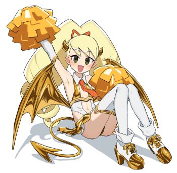 1girl alternate_costume armpits bikini boots cheerleader choppy_bangs demon_horns demon_tail demon_wings detached_collar drill_hair gloves gold_bikini gold_boots gold_horns gold_skirt gold_slingshot_swimsuit gold_tail gold_trim gold_wings hair_ribbon hand_up high_heel_boots high_heels high_ponytail highres horns loli luna_platz_(mega_man) mega_man_(series) mega_man_star_force_(series) multicolored_boots necktie ogi_non orange_necktie pleated_skirt pom_pom_(cheerleading) ponytail reclining red_ribbon ribbon shadow sitting skirt slingshot_swimsuit solo swimsuit tail thighhighs twin_drills two-tone_boots two-tone_slingshot_swimsuit white_background white_boots white_gloves white_slingshot_swimsuit white_thighhighs wings yellow_eyes