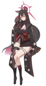 1girl absurdres animal_ears black_gloves black_halo black_kimono blue_archive blush boots breasts brown_hair commentary_request fingerless_gloves floral_print fox_ears fox_girl fox_tail full_body gloves gradient_tail groin hair_between_eyes halo high_heel_boots high_heels highres japanese_clothes kimono kurowanjjyang legs long_hair looking_at_viewer medium_breasts multicolored_hair no_panties orange_eyes red_hair red_halo simple_background single_bare_leg slit_pupils smile solo tail thigh_strap thighs two-tone_hair very_long_hair wakamo_(blue_archive) white_background