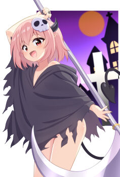 1girl ;d black_poncho church cosplay death_(entity) demon_girl demon_horns demon_tail fang full_moon grim_reaper grim_reaper_(cosplay) hair_ornament halloween highres holding holding_scythe horns mogura2009 moon night one_eye_closed open_mouth original pink_hair pointy_ears poncho red_moon scythe short_hair skull_hair_ornament smile succubus-san_(mogura2009) tail