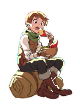 1boy armor black_pants boots bowl brown_boots brown_eyes brown_gloves brown_hair chilchuck_tims commentary dungeon_meshi eating english_commentary fingerless_gloves food full_body gloves highres holding holding_bowl holding_food leather_armor male_focus neck_warmer open_mouth pants shirt simple_background sitting solo sweat white_background white_shirt yotukuro