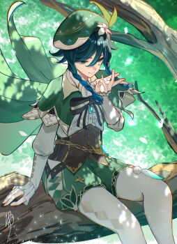 1boy absurdres beret black_hair blue_hair braid cape collared_cape flower genshin_impact gradient_hair green_cape green_eyes green_hat green_shorts hair_ornament hat hat_flower highres in_tree long_sleeves male_focus multicolored_hair oiro_ik short_hair_with_long_locks shorts side_braids sitting sitting_in_tree smile solo tree twin_braids venti_(genshin_impact) white_flower