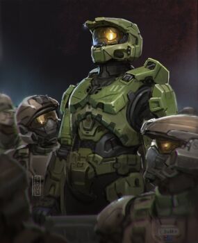 1boy absurdres armor artist_name church freedom_of_speech halo halo_(series) helmet highres looking_at_another master_chief military_uniform multiple_others pew power_armor soul_ant19 standing