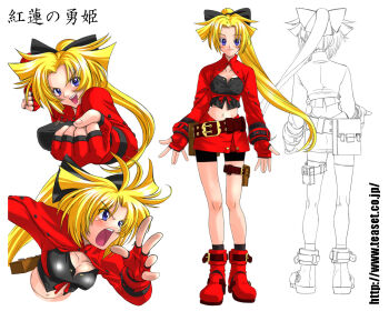 1girl bad_id belt belt_buckle bike_shorts_under_skirt black_bow black_bustier black_shorts black_socks blonde_hair blue_eyes boots bow breasts brown_belt buckle bustier buttons character_name cleavage clenched_hands closed_mouth crop_top fingerless_gloves from_behind full_body gloves hair_bow long_hair looking_at_viewer matsudaira_yuuki medium_breasts microskirt midriff multiple_views navel official_art official_wallpaper open_mouth ponytail pouch red_boots red_gloves red_shirt red_skirt reference_sheet samurai_evolution_oukoku_geist shirt shorts simple_background skirt smile socks solo standing teeth thigh_belt thigh_pouch thigh_strap tied_shirt upper_body upper_teeth_only very_long_hair watermark web_address white_background yamashita_kouji
