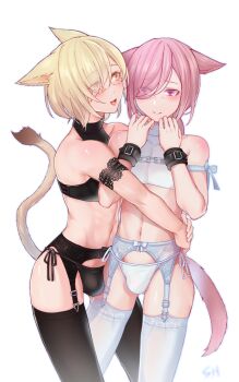 2boys blonde_hair bulge cat_boy crossdressing cuffs final_fantasy final_fantasy_xiv garter_belt garter_straps halterneck handcuffs highres hug miqo&#039;te multiple_boys panties pink_eyes pink_hair shiroesa thighhighs trap underwear yaoi yellow_eyes