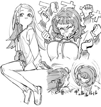 3girls afterimage arms_up breasts cardigan clenched_hands closed_mouth cropped_shirt cutoffs fanning floating_hair furrowed_brow gakuen_idolmaster greyscale hanami_ume highres holding_breath idolmaster invisible_chair kuramoto_china large_breasts loafers long_hair long_sleeves looking_at_another looking_at_viewer monochrome multiple_girls multiple_views neck_ribbon niku-name open_cardigan open_clothes open_mouth powering_up ribbon shinosawa_hiro shoes short_hair short_shorts shorts simple_background sitting smile spinning_head wide-eyed