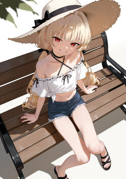 Rule 34 | 1girl, absurdres, bare shoulders, bench, black choker, black nails, blonde hair, blue shorts, breasts, choker, commission, criss-cross halter, crop top, cropped shirt, denim, denim shorts, drill hair, eco 376124, fingernails, from above, hair intakes, halterneck, hat, highres, low twintails, midriff, nail polish, navel, off-shoulder shirt, off shoulder, on bench, original, pixiv commission, red eyes, shirt, short shorts, short sleeves, shorts, sitting, small breasts, stomach, straw hat, thighs, tied shirt, toenail polish, toenails, toes, twintails, white shirt, wooden bench