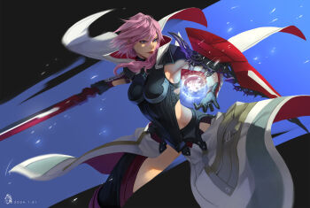1girl armor armored_leotard black_armor black_gloves cape final_fantasy final_fantasy_xiii gloves highres holding holding_shield holding_sword holding_weapon leotard lightning_farron lightning_returns:_final_fantasy_xiii magic pink_hair serious shield shiyuu_(shiyu) solo sword thighhighs weapon