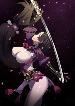 1girl ass bad_id bad_pixiv_id black_eyes black_hair breasts club3 fate/grand_order fate_(series) female_focus highres holding holding_sword holding_weapon katana long_hair looking_at_viewer low-tied_long_hair minamoto_no_raikou_(fate) solo sword weapon