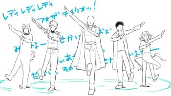 Rule 34 | 1girl, 4boys, bald, bankenman, black hair, cape, costume, cyborg, dress, genos, gloves, mamoko, multiple boys, one-punch man, saitama (one-punch man), tatsumaki, translation request, zombieman