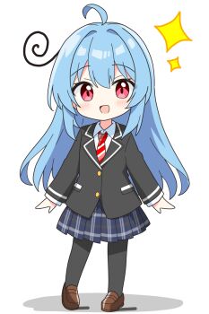 1girl :d ahoge black_jacket black_pantyhose blazer blue_hair blue_skirt blush brown_shoes chibi chibi_only collared_shirt commentary_request dot_nose full_body highres jacket kotatsu-mazoku loafers long_hair long_sleeves looking_at_viewer necktie open_mouth original pantyhose pink_eyes plaid_clothes plaid_skirt pleated_skirt red_necktie school_uniform shirt shoes sidelocks simple_background skirt smile solo sparkle standing striped_necktie white_background white_shirt