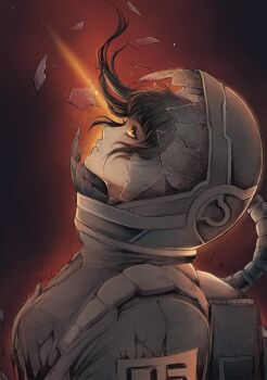 1girl absurdres astronaut broken_glass brown_hair dark_background floating_hair glass highres light_beam light_particles looking_up nero.che original solo spacesuit upper_body